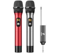 TONOR TW630 Wireless Microphone, UHF Dual Cordless Metal Dynamic Mic System with Rechargeable Receiver, for Karaoke Singing, Wedding, DJ, Party, Speech, Church, Class Use, 200ft, Silver&Red