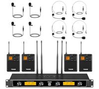TONOR UHF Wireless Microphones System with Headset/Lavalier Lapel Mics, Bodypack Transmitters, Rechargeable Receiver, 4x5 Channels, 90M Range, for Live Singing Karaoke Church Party DJ PA Speaker TW844