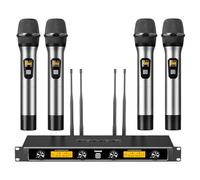 TONOR Wireless Microphones System, 4x5 Channel UHF Wireless Mic, 4 Handheld Adjustable Frequency Metal Cordless Dynamic Mic, Multiset Operation, 90 m Ideal for Karaoke Singing Wedding Church, Silver