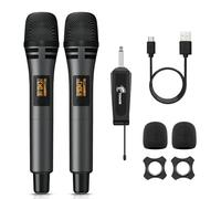 TONOR Wireless Microphones, UHF Cordless Handheld Dynamic Mics with 6.35mm Rechargeable Receiver, 60 m Range, 2 * 5 Adjustable Channels for Karaoke, Singing, DJ, Party, Speech, TW320, 2 Mics Grey