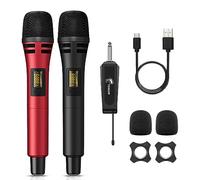 TONOR Wireless Microphones, UHF Cordless Handheld Dynamic Mics with 6.35mm Rechargeable Receiver, 60 m Range, 2*5 Adjustable Channels for Karaoke, Singing, DJ, Party, Speech, TW320, 2 Mics Black&Red