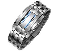TONSHEN Fashion Unique Binary Digital Watch for Men Women Blue LED Light Stainless Steel Casual Style Cool Wrist Watches Silver (Men)