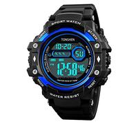 TONSHEN Large Dial Mens Plastic Watch with Rubber Band 50M Waterproof Outdoor Military LED Electronic Stopwatch Multifunction Stopwatch Alarm Back Light Digital Sport Watch (Blue)