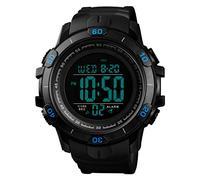 TONSHEN Large Face Mens 50M Waterproof LED Electronic Digital Sport Watch Plastic Case with Rubber Band Outdoor Multifunction Double Time Military Watches (Blue)