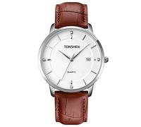 TONSHEN Men’s Minimalism Style Fashion Analog Quartz Calendar Stainless Steel/Leather Strap Watches (White Brown)