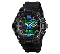 TONSHEN Mens Analog Quartz 50M Waterproof Three Time LED Electronic Digital Outdoor Military Sport Plastic Case with Rubber Band Watch (Blue)