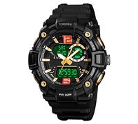 TONSHEN Mens Analog Quartz 50M Waterproof Three Time LED Electronic Digital Outdoor Military Sport Plastic Case with Rubber Band Watch (Yellow)