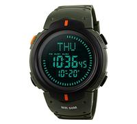 TONSHEN Mens Compass Sport Watch Waterproof LED Digital Outdoor 50M Water Resistant World Time Three Alarm Military 12H/24H Countdown Plastic Watch with Rubber Strap for Running Travel Expedition