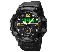 TONSHEN Mens Digital Sport Watch LED Electronic Analog Quartz Double Time Outdoor Military 12H/24H Waterproof Plastic Wristwatch with Rubber Band (Black)