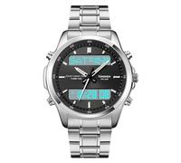 TONSHEN Mens Digital Sport Watch Stainless Steel Analog Quartz LED Electronic Three Time Multifunction Stopwatch Alarm Back Light Countdown Watches (Silver)