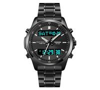 TONSHEN Mens Digital Sport Watch Stainless Steel Analog Quartz LED Electronic Three Time Multifunction Stopwatch Alarm Back Light Countdown Watches (Black 2)