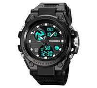 TONSHEN Mens Double Time Digital Sport Watch LED Electronic Analog Quartz Outdoor Military Waterproof Plastic Wristwatch with Rubber Band (Black)