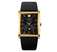 TONSHEN Mens Fashion Analog Quartz Stainless Steel Case with Leather Strap Simple Style Calendar Wristwatches (Gold Black)