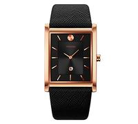 TONSHEN Mens Fashion Analog Quartz Stainless Steel Case with Leather Strap Simple Style Calendar Wristwatches (Rose Black)