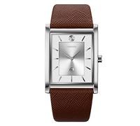 TONSHEN Mens Fashion Analog Quartz Stainless Steel Case with Leather Strap Simple Style Calendar Wristwatches (Silver Brown)