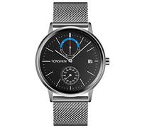 TONSHEN Mens Fashion Analog Quartz Stainless Steel Watch Simple Week Date Wristwatches (Silver)