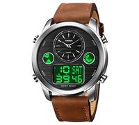 TONSHEN Mens Fashion Digital Stainless Steel Watch Outdoor Military Multifunction LED Electronic Analog Quartz Three Time Sport Watches with Leather Band (Light Brown)