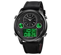 TONSHEN Mens Fashion Digital Stainless Steel Watch Outdoor Military Multifunction LED Electronic Analog Quartz Three Time Sport Watches with Leather Band (Black)