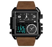 TONSHEN Mens Fashion Digital Stainless Steel Watch with Leather Band Outdoor Military Multifunction LED Electronic Analog Quartz Three Time Sport Watches Large Rectangular Dial (Black 3)