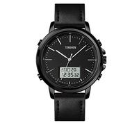 TONSHEN Mens Fashion Digital Watches LED Electronic Analog Quartz Double Time Multifunction Stopwatch Date Stainless Steel Case with Leather Band Watches (Black)