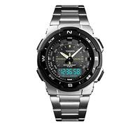 TONSHEN Mens Fashion Luxurious Analog Quartz Digital Watch 50M Waterproof LED Electronic Double Time Plastic Case with Stainless Steel Band Outdoor Military Multifunction Sport Watches (Silver)