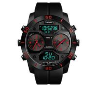 TONSHEN Mens Fashion Multifunction Digital Watch 50M Waterproof Analog Quartz LED Electronic Stopwatch Alarm Three Time Outdoor Military Sport Watches with Rubber Band (Red)