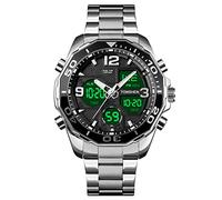 TONSHEN Mens Fashion Stainless Steel Digital Sport Watch LED Electronic Analog Quartz Double Time Multifunction Stopwatch Alarm Back Light Watches (Silver)
