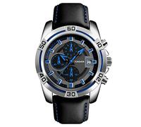 TONSHEN Mens Fashion Watches Stopwatch Calendar Casual Style Sport Analog Quartz Stainless Steel Case and Leather Band Watches Wrist Watch (Blue)