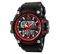 TONSHEN Mens Large Dial Digital Watch Outdoor Military 50M Waterproof Analog Quartz LED Electronic Three Time Plastic Case with Rubber Band Multifunction Sport Wrist Watches (Red)
