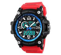 TONSHEN Mens Large Dial Digital Watch Outdoor Military 50M Waterproof Analog Quartz LED Electronic Three Time Plastic Case with Rubber Band Multifunction Sport Wrist Watches (Blue Red)