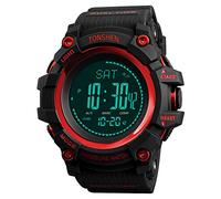 TONSHEN Mens Large Dial Outdoor Sport Digital Compass Watch Plastic Case with Rubber Band LED Electronic Multifunction Altimeter Thermometer Pedometer Calories Double Time Watches (Red)
