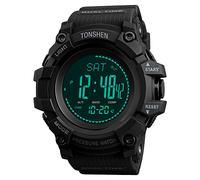 TONSHEN Mens Large Dial Outdoor Sport Digital Compass Watch Plastic Case with Rubber Band LED Electronic Multifunction Altimeter Thermometer Pedometer Calories Double Time Watches (Black)