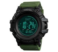 TONSHEN Mens Large Dial Outdoor Sport Digital Compass Watch Plastic Case with Rubber Band LED Electronic Multifunction Altimeter Thermometer Pedometer Calories Double Time Watches (Green)
