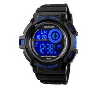 TONSHEN Mens Large Face Plastic Sport Watch with Rubber Band Multicolour LED Back Light Outdoor Military 50M Waterproof Multifunction Stopwatch Electronic Digital Wirst Watches (Blue)