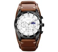 TONSHEN Mens Moon Phase Analog Quartz Stainless Steel Case with Leather Band Watches Stopwatch Calendar Wrist Watch (White)