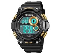 TONSHEN Mens Plastic Watches Waterproof Sport Digital Outdoor Multifunction Countdown Alarm Double Time with Rubber Band Watch (Yellow)