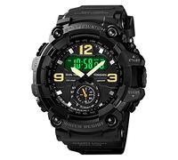 TONSHEN Mens Sport Digital Watch Large Dial Multifunction Outdoor Military Plastic Case with Rubber Band Analog Quartz LED Electronic Three Time 50M Waterproof Running Fitness Watches (Black)