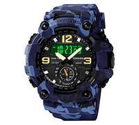 TONSHEN Mens Sport Digital Watch Large Dial Multifunction Outdoor Military Plastic Case with Rubber Band Analog Quartz LED Electronic Three Time 50M Waterproof Running Fitness Watches (Blue)