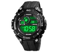 TONSHEN Mens Sport Digital Watch Waterproof Outdoor Multifunction LED Countdown Alarm Double Time Plastic Watches (Black)