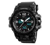 TONSHEN Mens Sport Watch LED Electronic Digital Stopwatch Date Alarm Waterproof Dual Dial Military Wrist Watches Plastic Case with Rubber Band (Black)