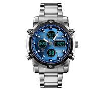 TONSHEN Mens Stainless Steel Digital Sport Watch Analog Quartz LED Electronic Three Time Outdoor Military Multifunction Stopwatch Alarm Back Light Countdown Fashion Casual Watches (Blue)