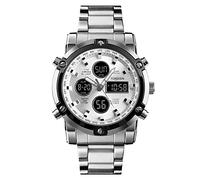 TONSHEN Mens Stainless Steel Digital Sport Watch Analog Quartz LED Electronic Three Time Outdoor Military Multifunction Stopwatch Alarm Back Light Countdown Fashion Casual Watches (Silver)