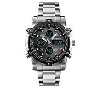 TONSHEN Mens Stainless Steel Digital Sport Watch Analog Quartz LED Electronic Three Time Outdoor Military Multifunction Stopwatch Alarm Back Light Countdown Fashion Casual Watches (Silver Black)