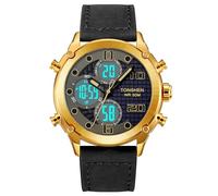 TONSHEN Mens Stainless Steel Digital Watch with Leather Band Multifunction LED Electronic Analog Quartz Three Time Sport Watches (Gold)