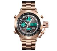 TONSHEN Mens Stainless Steel Digital Watches Large Dial Outdoors Military Sport Analog Quartz LED Dual Time Watch (Gold)