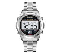 TONSHEN Mens Stainless Steel Watch Digital LED Electronic Double Time Stopwatch Alarm Countdown Wristwatches (Silver)