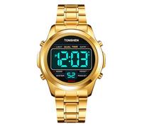 TONSHEN Mens Stainless Steel Watch Digital LED Electronic Double Time Stopwatch Alarm Countdown Wristwatches (Gold 2)