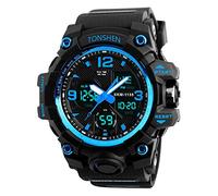 TONSHEN Multifunction Large Dial Simple Analog Quartz LED Electronic Double Time Digital Watches Outdoor Military 50M Waterproof Sport Watches Plastic Case with Rubber Band (Blue)