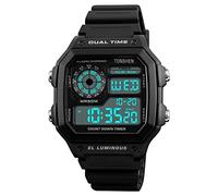 TONSHEN Sport Digital Watch for Men Outdoor Military 50M Waterproof LED Electronic Double Time Multifunction Stopwatch Alarm Countdown Rectangular Plastic Watches with Rubber Band (Black)