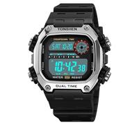 TONSHEN Sport Plastic Watch Outdoor Military Waterproof Multifunction LED Electronic Alarm Double Time Stopwatch Digital Watches with Rubber Band (Gray)
